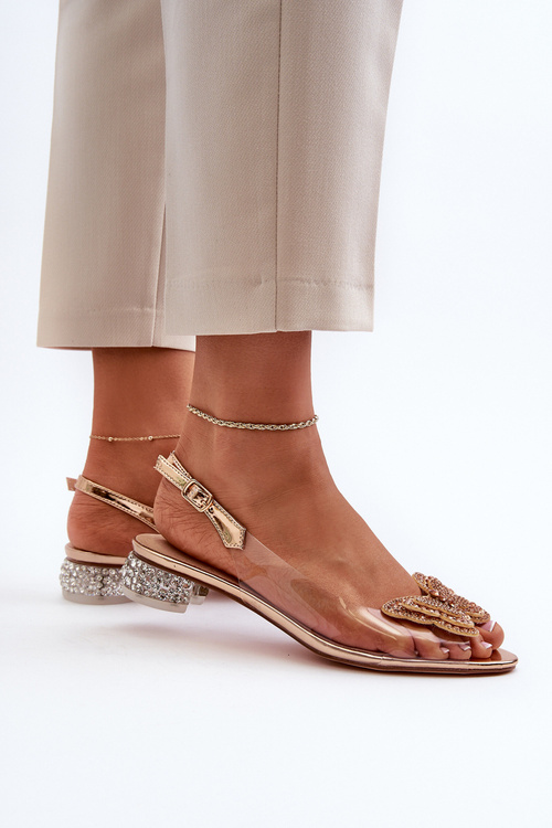 Transparentne Sandały Na Niskim Obcasie Z Motylem Złote D&A MR38-388