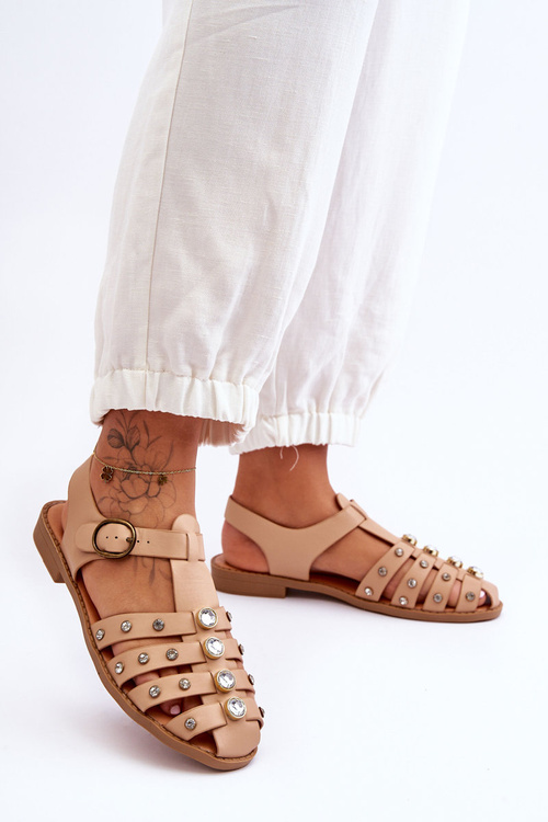 Damskie Płaskie Sandały Z Cyrkoniami Beżowe Ascot