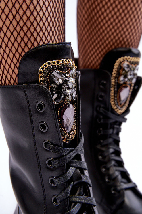 Skórzane Botki Workery Z Biżuteryjną Ozdobą Czarne Marx