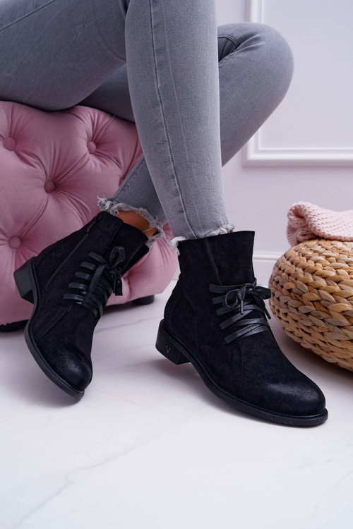 Botki Damskie Płaski Obcas Workery Czarne Teref