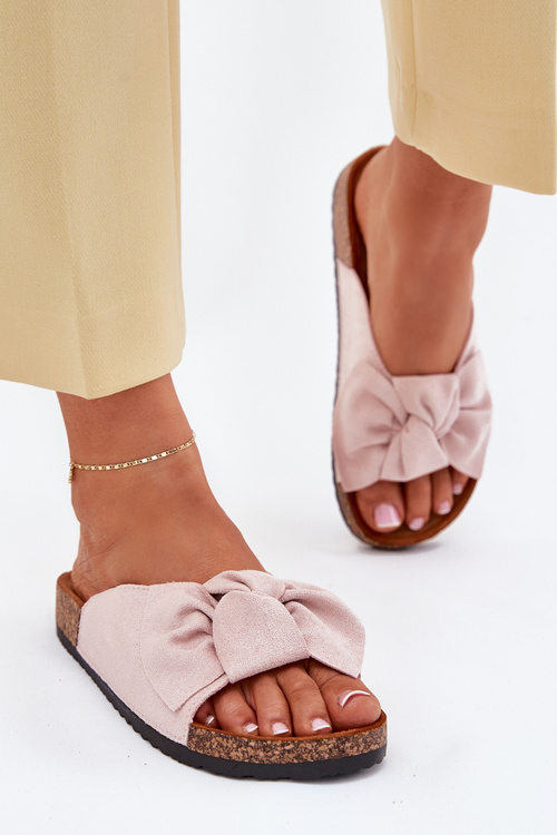 Klapki Damskie Na Korkowej Podeszwie Kokardką Jasnoróżowe Seressa 