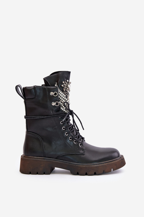 Eko Skórzane Botki Workery Ze Zdobieniem Ocieplane D&A MR880-080 Czarne