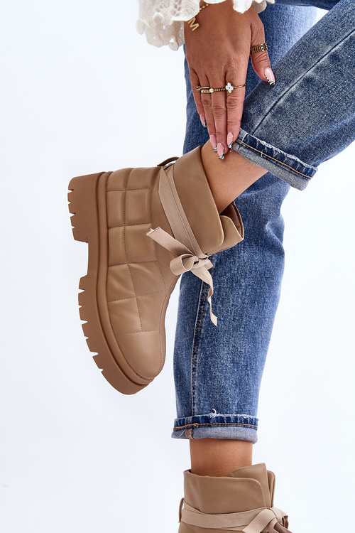 Damskie Botki Z Pikowaniem I Wiązaniem Khaki Bizzanti