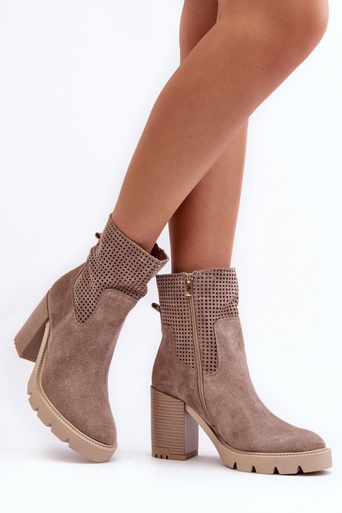 Zamszowe Ażurowe Botki Damskie Na Słupku Beżowe Lewski 3386