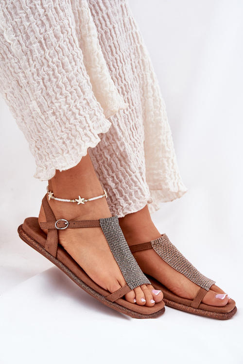 Płaskie Eleganckie Sandały Damskie Z Kryształkami Artiker 56C1365 Brązowe