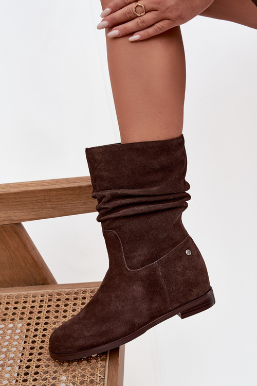 Skórzane Zamszowe Botki Damskie Z Marszczeniem Ocieplane Maciejka K7211-02 Czekoladowe