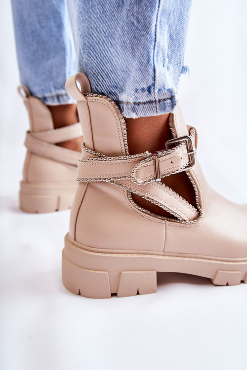 Damskie Skórzane Botki Z Ćwiekami Beżowe Clares