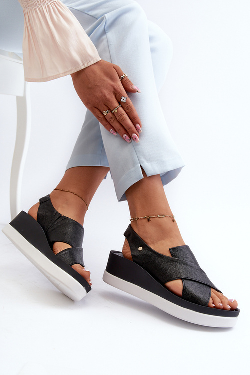 Zazoo 40256 Skórzane Sandały Na Koturnie Czarne