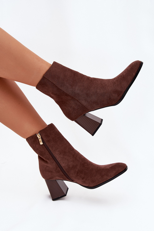 Botki Damskie Z Eko Zamszu Na Słupku Zamek Brązowe Zelita