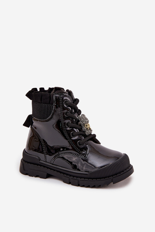 Lakierowane Botki Dziecięce Ocieplane Z Przypinką Miś Czarne Fionessa
