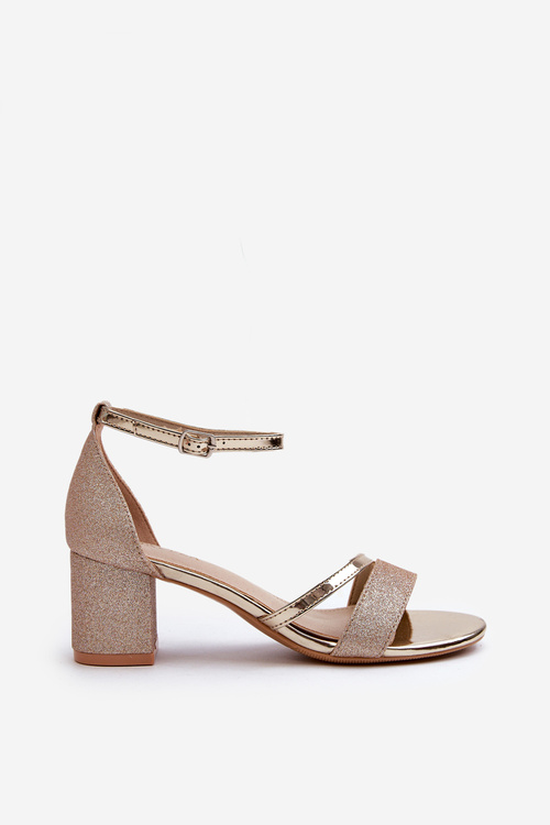 Brokatowe Sandały Damskie Na Niskim Słupku Złote Ploemis