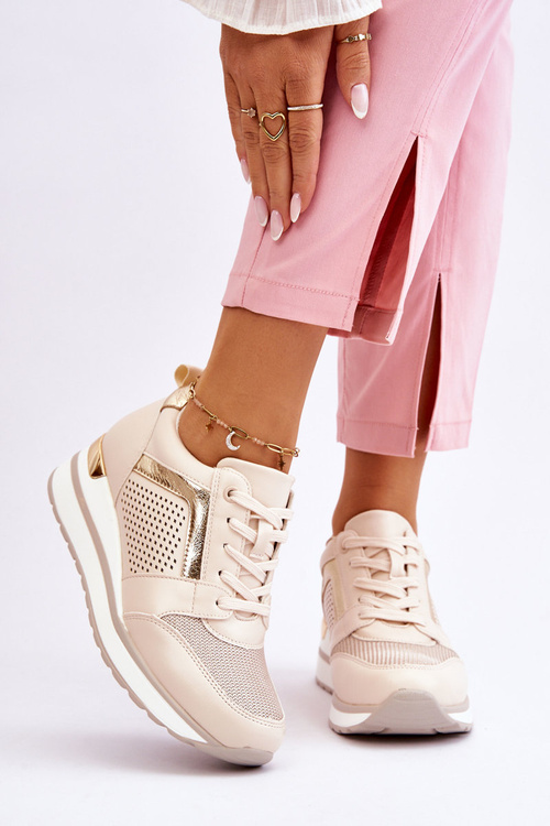 Skórzane Buty Sportowe Na Niewysokim Koturnie Beżowe Braylen