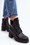 Skórzane Botki Damskie Na Słupku Czarne Lemar Leocera