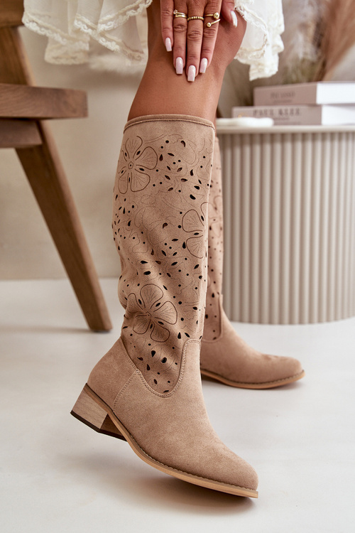 Ażurowe Kozaki Damskie Na Niskim Obcasie Eko Zamszowe Zapinane Na Zamek Ciemnobeżowe Orchides