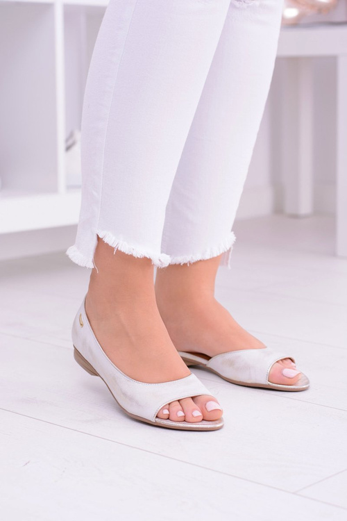 Skórzane Beżowe Baleriny Maciejka Peep Toe Verma