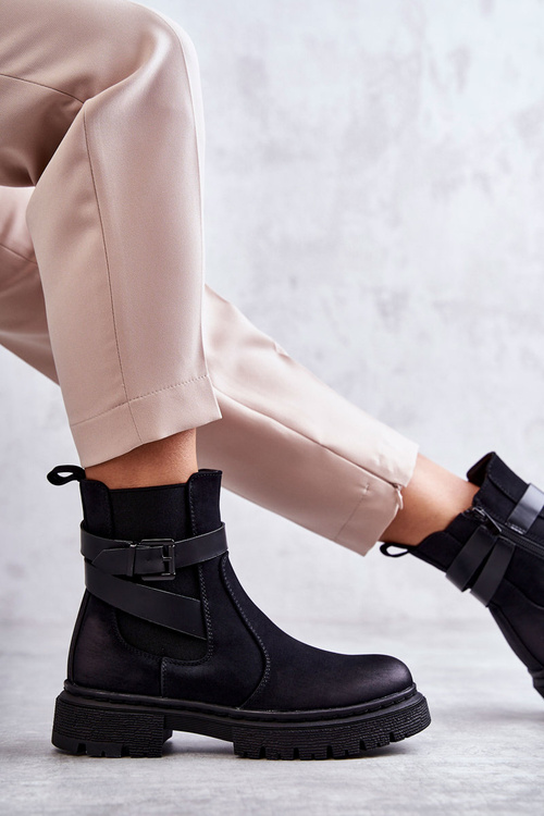 Damskie Ocieplane Botki Sztyblety Z Paskiem Czarne Jose