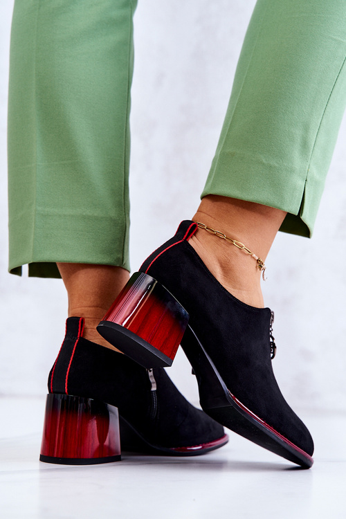 Zamszowe Modne Półbuty Na Słupku Czarno-Czerwone Lorena