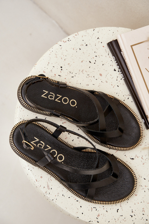 Skórzane Płaskie Sandały Z Przeplatającymi Się Paseczkami Zazoo 40429 Czarne