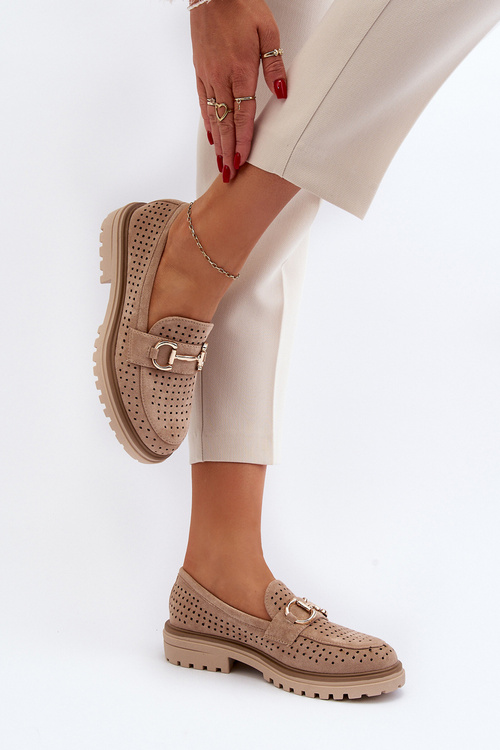 Mokasyny Damskie Ażurowe Z Ozdobą Beżowe Talesse