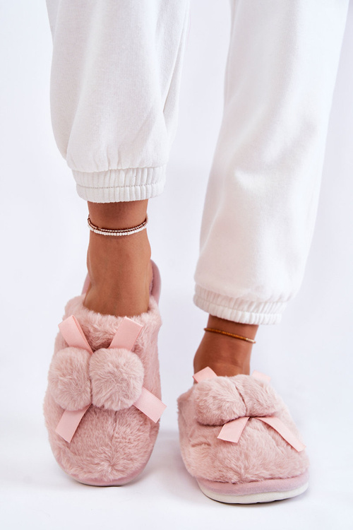 Damskie Futrzane Papcie Z Pomponami Różowe Castello