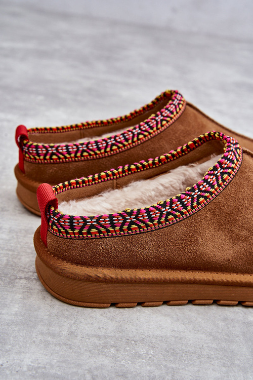 Zamszowe Damskie Papcie Z Futerkiem Camel Buffie