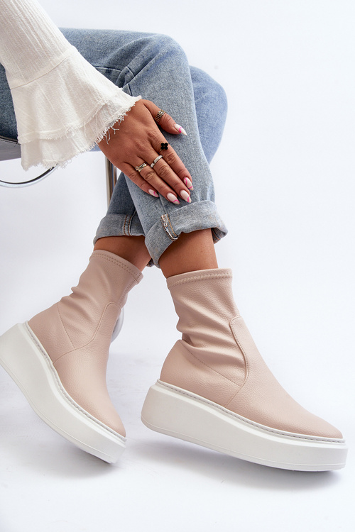 Zazoo 3395 Skórzane Botki Damskie Na Masywnej Platformie Beżowe