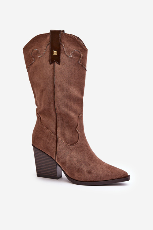 Ocieplane Kozaki Kowbojki Na Słupku Eko Zamszowe Brązowe Hanivin