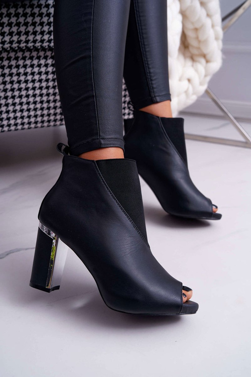 Botki Damskie na Słupku Odkryte Palce Wsuwane Czarne Germen