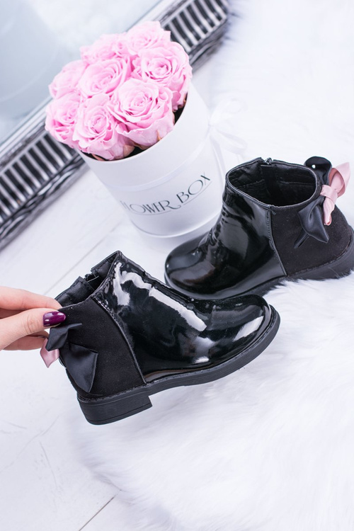 Czarne Dziecięce Botki Ocieplane Z Suwakiem Lakierowane Small Diana