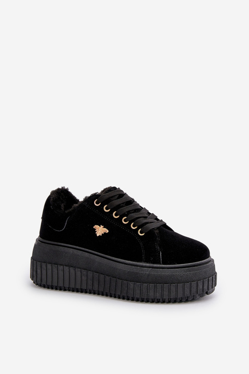 Sneakersy Damskie Ocieplane Na Masywnej Podeszwie Ze Złotym Detalem Czarne Lotira