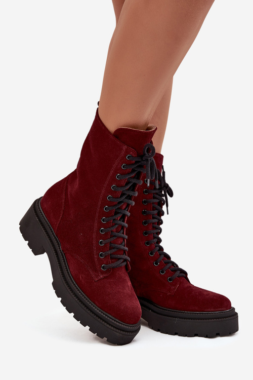 Botki Workery Damskie Z Naturalnego Zamsz Ocieplane Zazoo 4213 Bordowe