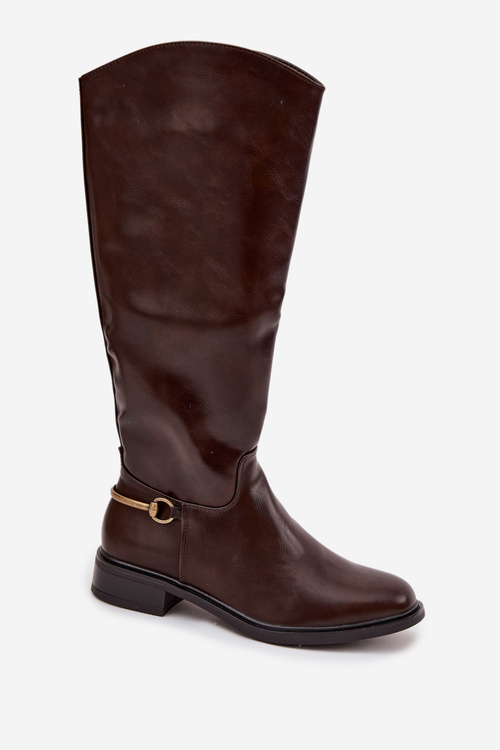 Ocieplane Kozaki Damskie Na Płaskim Obcasie Z Ozdobnym Detalem Czekoladowe Renaya