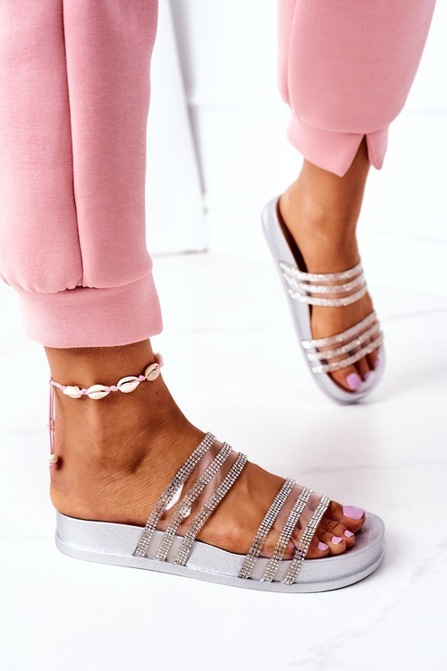 Gumowe Klapki Z Cyrkoniami Srebrne Miss You