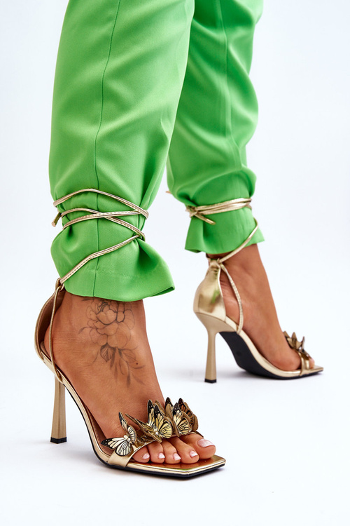 Wiązane Sandałki Na Szpilce Z Motylami Złote Delmar