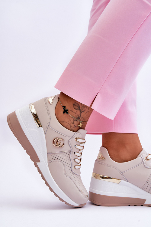 Damskie Skórzane Buty Sportowe Na Koturnie Beżowe Rebeca