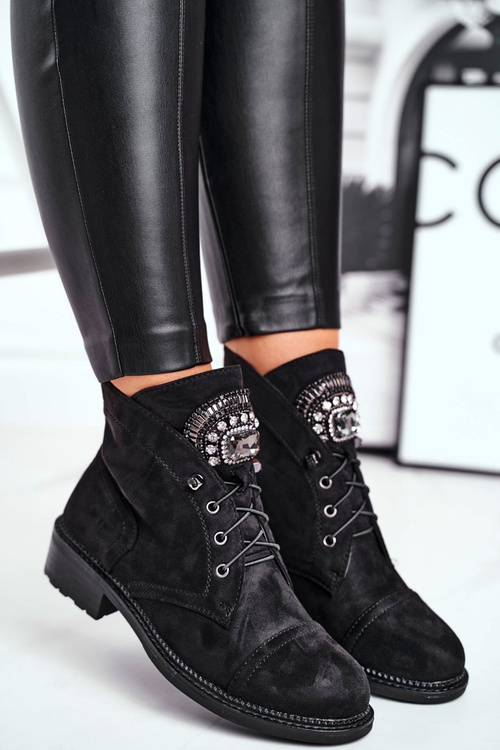 Damskie Botki Ciepłe Zamszowe Kryształki Czarne Hondus