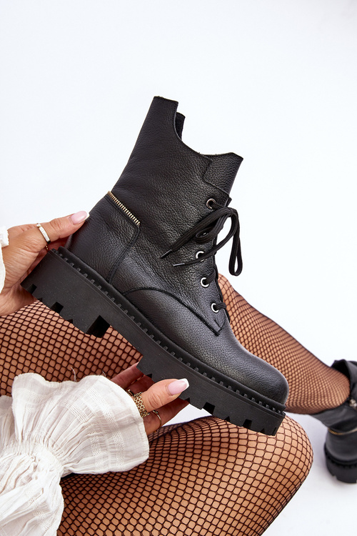 Skórzane Botki Trapery Damskie Na Suwak Zazoo 949P Czarne