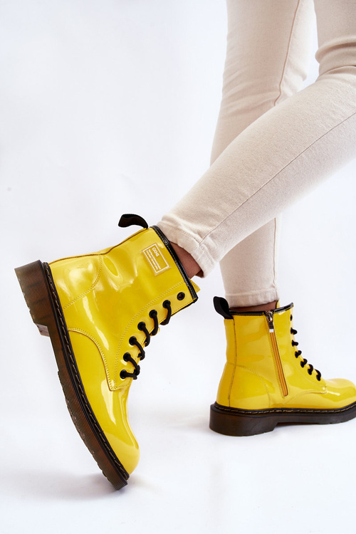 Damskie Lakierowane Botki Ocieplane GOE II2N4054 Żółte