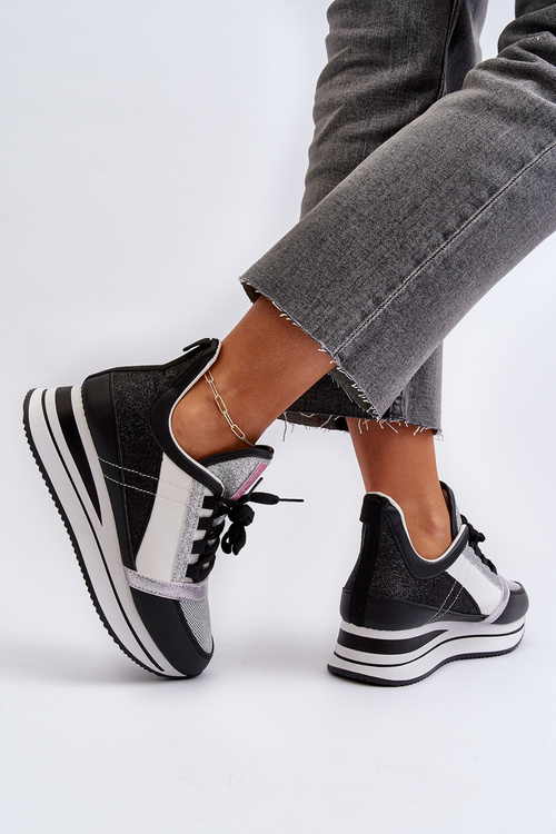 Damskie Sneakersy Na Koturnie I Platformie Z Brokatem Czarne Rafani