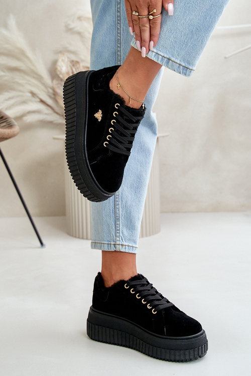 Sneakersy Damskie Ocieplane Na Masywnej Podeszwie Ze Złotym Detalem Czarne Lotira