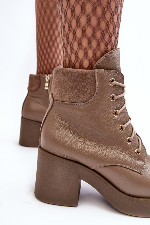 Skórzane Botki Damskie Na Słupku Ciemnobeżowe Lemar Leocera