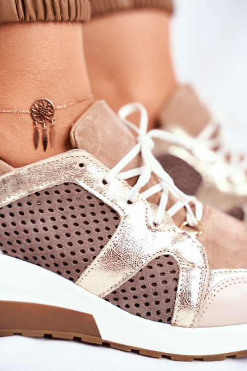 Skórzane Sneakersy Na Koturnie Beżowe Nicole 2562