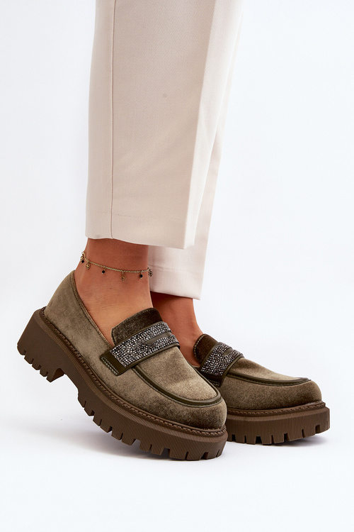 Damskie Welurowe Mokasyny Z Ozdobą Ciemnozielone Wendreda