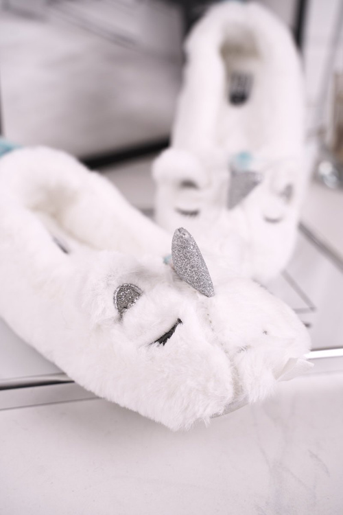 Papcie Damskie Futrzane Jednorożce Białe Rainbow