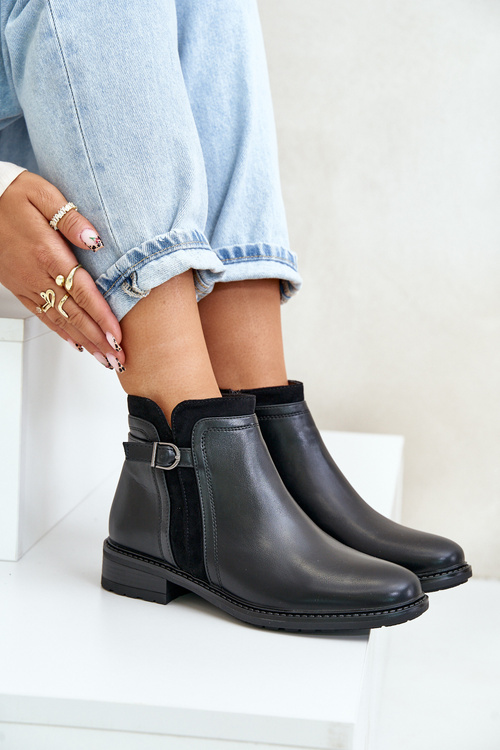 Ocieplane Botki Damskie Z Niską Cholewką Na Zamek Eko Skórzane Czarne Taitha