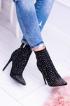 Lu Boo Czarne Wysokie Zamszowe Botki na Szpilce Cyrkonie Cubano