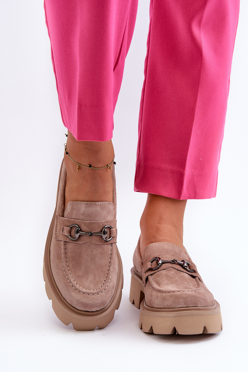 Masywne Mokasyny Damskie Zamszowe Beżowe Neloria