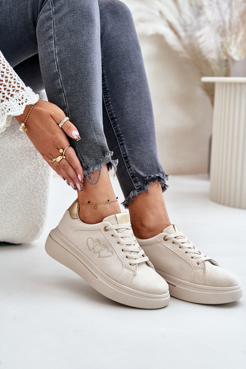 Damskie Sneakersy Na Platformie Z Sercami Beżowe Avirorae