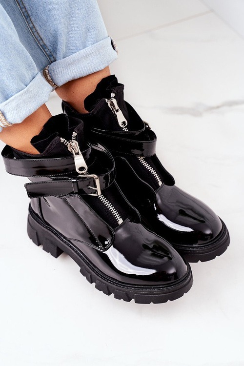 Lakierowane Ocieplane Botki Workery Czarne Not Realy