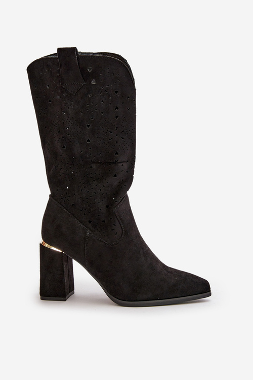 Ażurowe Botki Damskie Na Słupku Z Noskami W Szpic Eko Zamszowe Czarne Nevithra